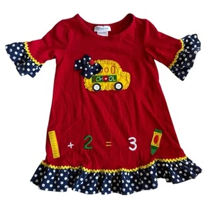 Vintage Bonnie Jean Red School Embroidered Dress Bows Buttons Ruffles Size 4/4T - Picture 1 of 6