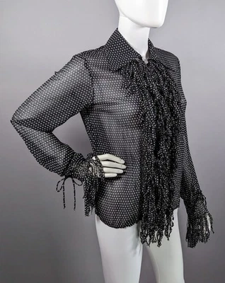Винтажный Y2K Andrea Rosati блузка чистый черный горошек бахрома Fairycore средний - Изображение 1 из 4