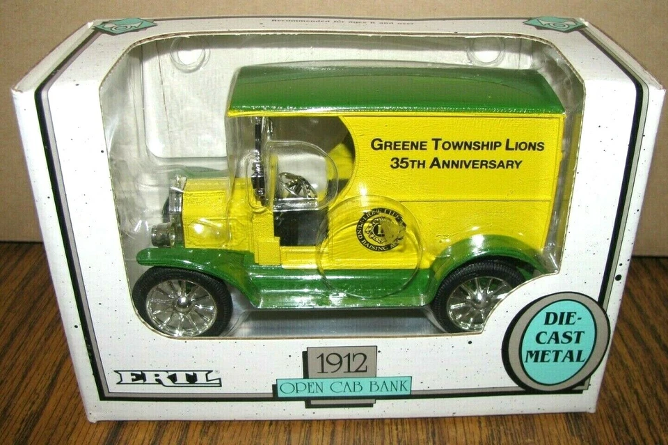 Ertl 1:25 GREEN TOWNSHIP LIONS 35 aniversario 1912 Ford cabina abierta coche camión banco juguete Foto 1 de 4
