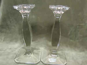 Coppia di candelabri semplici forma quadrata design vetro Fostoria 1490 vintage in trasparente - Foto 1 di 3