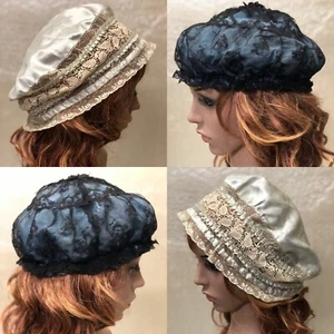 Vintage Antique Bed Hat Lot of 2 - Boudoir Night Cap Silk & Lace - Picture 1 of 9