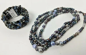 New Pearl Necklace & Pearl Agate Cuff Bracelet Set Purple Blue Baroque 60" - Picture 1 of 10