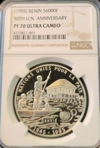 1995 BENIN SILVER 6000 FRANCS U.N. ANNIVERSARY NGC PF 70 ULTRA CAMEO TOP POP 2 - Picture 1 of 3