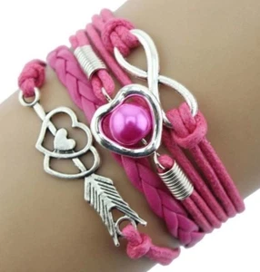 Hot Pink Braided Silver Toned Charm Bracelet Infinity Heart Faux Pearl Arrow - Picture 1 of 1