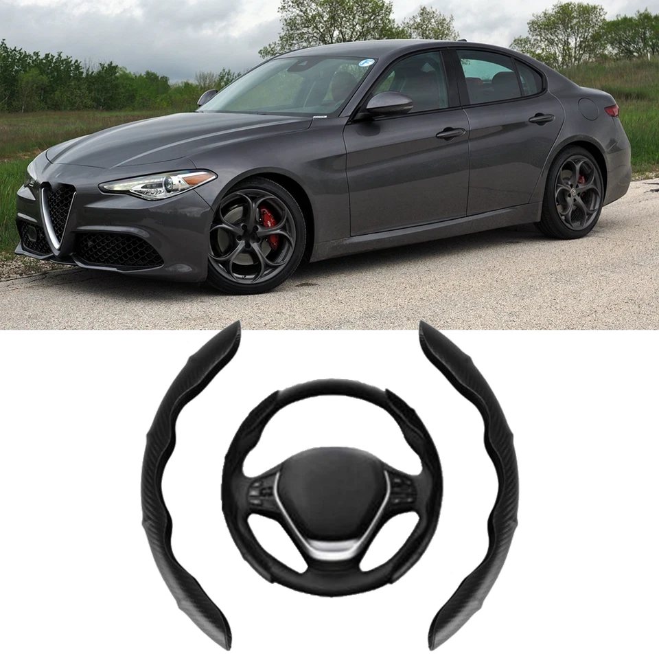 Cubierta de cuero para volante de coche de fibra de carbono de 15 pulgadas para Alfa Romeo Giulia Foto 1 de 4