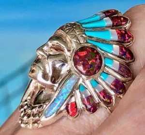 PROUD SOLID Indian CHIEF Biker Men's Turquoise Headdress Opal HEAVY RING 10 - Picture 1 of 10