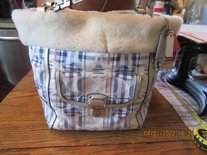 Coach Signature C Red,White&Blue Plaid Fleece Top Satchel,Tote,Purse,Handbag - Picture 1 of 14