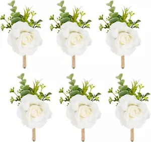 Meldel Ivory Rose Boutonniere for Men | Set of 6 | Groom & Best Man Boutonnieres - Picture 1 of 8