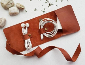 Power Data Line Cargador Digital Accesorio Bolsa Bolsillo Cuero Vaca Naranja H983 - Imagen 1 de 2