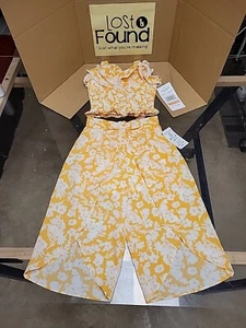 Rare Editions 2pc Set Mustard Yellow Floral Tank Pants Shorts Bow - Picture 1 of 13