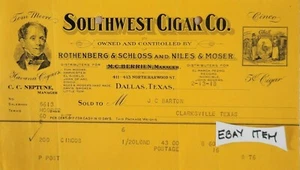 1918 Billhead Dallas TX SOUTHWEST CIGARS ROTHENBERG SCHLOSS NILES MOSER HAVANA - Picture 1 of 1