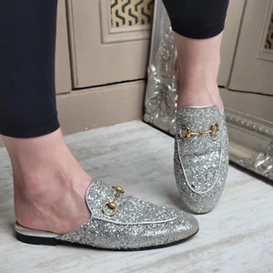 Gucci Princetown Silver Glitter Flats Sandals Slippers Shoes Slides EU 38 UK 5 - Picture 1 of 15