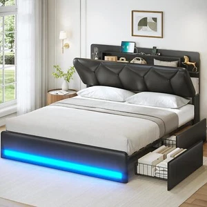Full Size Bed Frame with 4 Storage Drawers and Charging Station,Storage Headboad - Picture 1 of 8