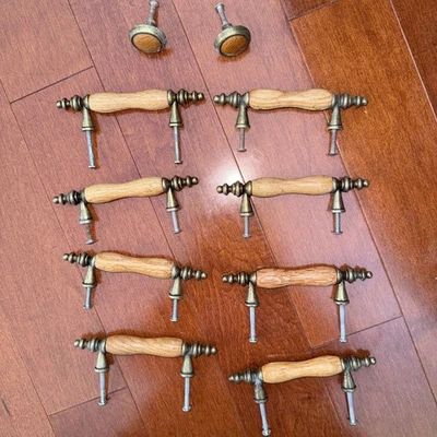 Vintage Salvaged Recycled Wood & Brass Drawer Pulls Oak & Metal Cabinet Handles  - Image 1 of 3