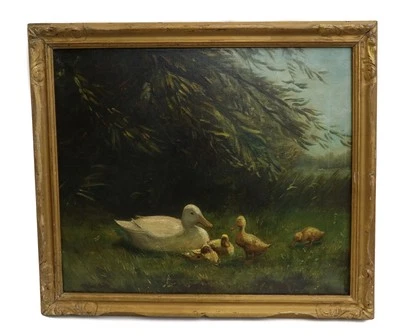 Constant Artz (Dutch, 1870-1951) Oil on Canvas Painting, Duck with Ducklings  - Image 1 of 4