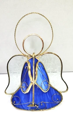 Ангел из синего витражного шлакового стекла с трубчатым рожком подсвечник - Изображение 1 из 4