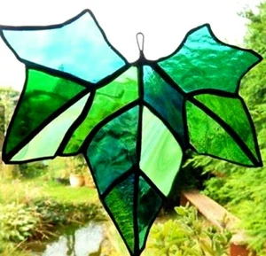Shades of Green SUMMER MAPLE LEAF Handmade Authentic Stained Glass SUNCATCHER - Picture 1 of 24