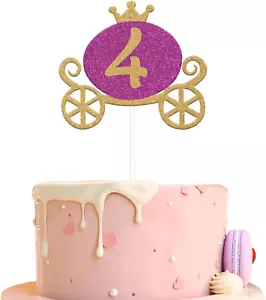 Princess Carriage 4th Birthday Cake Topper in Gold & Rose Red Glitter - Picture 1 of 7