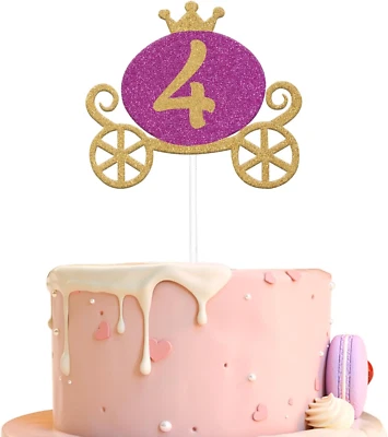 Princess Carriage 4th Birthday Cake Topper in Gold & Rose Red Glitter - Image 1 of 4