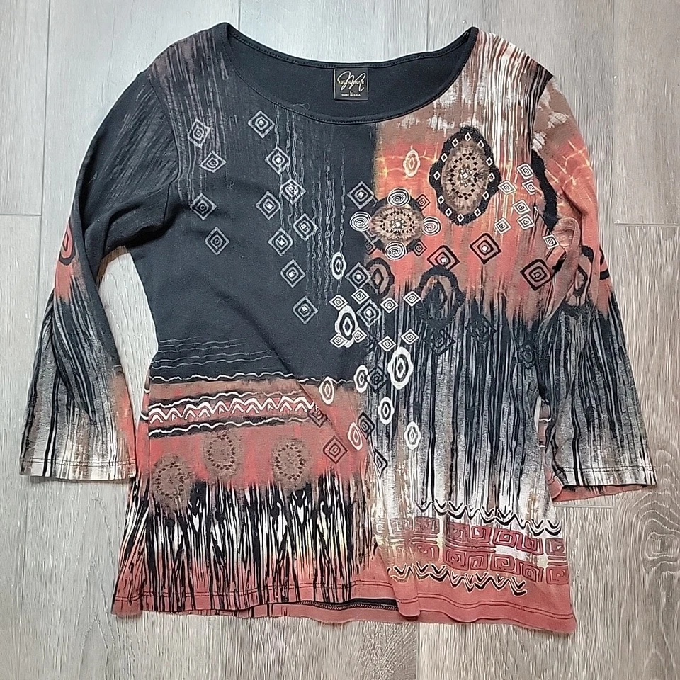 Camisa Katina Marie Mujer Grande Negra Formas Geométricas Manga Larga Foto 1 de 4