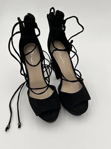 n by Nicole Miller Chunky Platform Vegan Suede Black Heels Tie Up Sandal 6.5 new - Picture 1 of 13