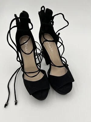 Sandalia atada de tacón negro gamuza vegana plataforma gruesa n by Nicole Miller 6,5 nueva Foto 1 de 4