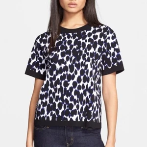 Kate Spade Leopard Print Pullover Crewneck Sweater Size M Blue Knit Stretch - Picture 1 of 12