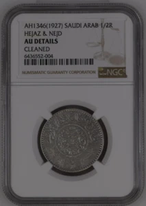 AH1346(1927) Saudi Arabia Coin HEJAZ & NEJD 1/2 RIYAL NGC AU Details CLEANED - Picture 1 of 2