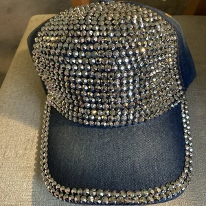 New Women's Full Rhinestone Crown Baseball Cap Denim Blue Crystal Embellished - Picture 1 of 9