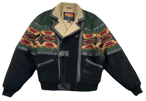 Cripple Creek Leather Suede Aztec Jacket Sherpa Black Green Men’s Medium - Picture 1 of 7