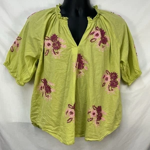 DAMENBLUSE SCHWESTER MARY ANITA NEONGRÜN BLUMEN BESTICKT TOP L BOHO - Bild 1 von 8