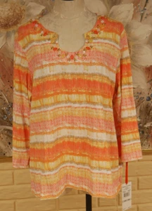 NWT COOL HEARTS OF PALM WOMAN SZ 1X MULTICOLOR COTTON STRETCH 3/4-LONG SLEEVES - Picture 1 of 5