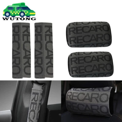 Juego de 2 piezas de funda de cinturón de seguridad almohada reposacabezas de tela gris Recaro material de asiento de carreras Foto 1 de 4