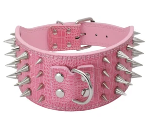 3" WIDE RAZOR SHARP Spiked Studded Leather Dog Collar 4-ROWS 19-22" 21-24"-PINK - Picture 1 of 5