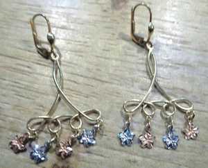 24MM TRICOLOR 14K GOLD MATTED DC 4 DANGLING HAWAIIAN PLUMERIA LEVERBACK EARRINGS - Picture 1 of 8