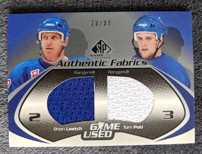 2003 SP GAME USED BRIAN LEETCH TOM POTI DUAL JERSEY 28/99 MEM RANGERS DF-LP - Image 1 of 2