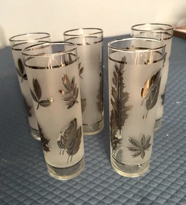 5 bicchieri Tom Collins vintage MCM Libbey foglia argento smerigliato - Foto 1 di 6