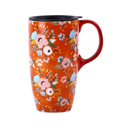 Taza de viaje de cerámica floral naranja de 17 oz, tapa, mango, 6,5 H, porcelana, regalo Foto 1 de 4