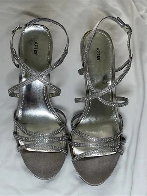 Apt 9 Stiletto 3in Heels Straps Buckle Closure Rhinestone Accents Size 8M Silver - Image 1 of 4
