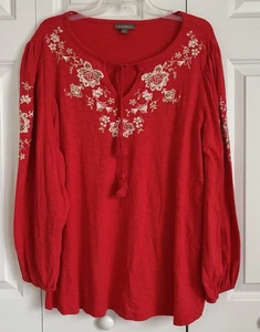 Style & Co. Damen Bluse rot bestickt Langarm Pullon Quaste zum Binden Boho - Bild 1 von 7