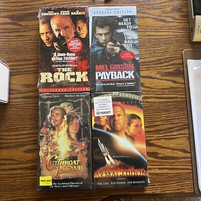 4 NEW Factory Sealed VHS ~ Armageddon, Cut Throat Island, Payback, The Rock - Imagem 1 de 4