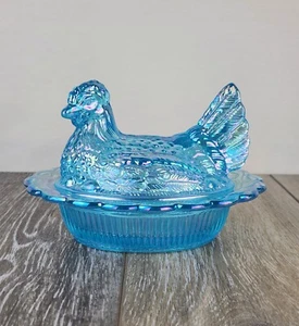 Ice Blue Carnival Glass Hen on Nest – Ruffled Edge Covered Dish – 6.5” - Picture 1 of 8