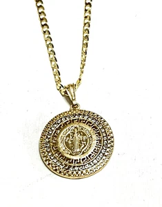 14K Gold Plated St.Benedict Pendant w Cuban 20" chain Medalla Oro laminado - Picture 1 of 9