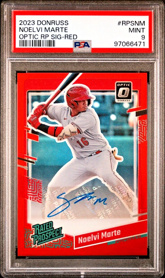 Noelvi Marte 2023 Donruss Optic Rated Prospect Red Prizm RC Auto /60 PSA MINT 9 - Image 1 of 3