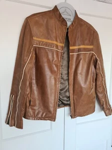 Vintage 90s Tan Brown Leather Biker Jacket Men's Small 100% Leather Britpop Mod - Picture 1 of 11