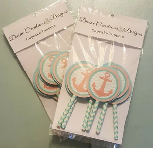 Set of 12 New Cupcake Toppers Chevron Nautical Anchor Theme Pink Turquoise - Picture 1 of 4