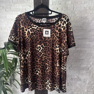 Anne Klein hellbraune schwarze Kurzarmbluse Leopardenmuster Größe XL neu mit Etikett - Bild 1 von 10