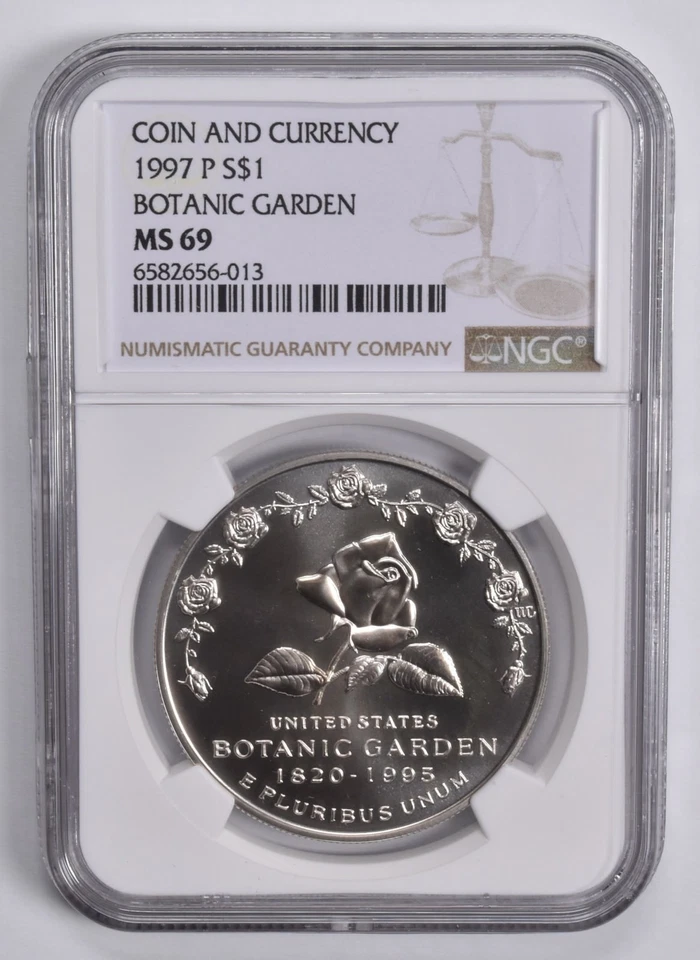 MS69 1997-P Botanic Garden Coin & Currency Commem. Silver Dollar NGC Brown *7178 - Image 1 of 4