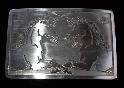 HECHA A MANO GRABADA AL ÁCIDO NÍQUEL-PLATA UNICORNIOS FANTASÍA HEBILLA DE CINTURÓN  Foto 1 de 3