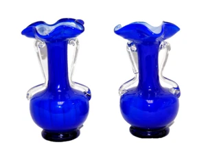Hand Blown Blue/White Bud Vases with Clear Handles 5 1/2" High Lot of 2 T1952 - Picture 1 of 15